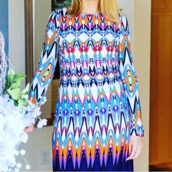 Vince Camuto Size 8 Dress Mod Geometric Print Lined Colorful Shift Dress Stretch - Picture 11 of 12